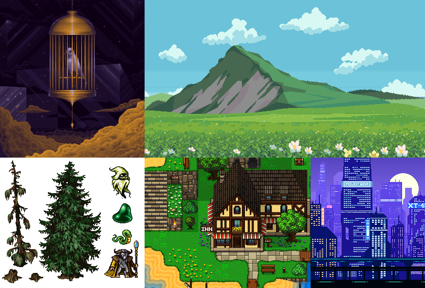 A collage of various examples of pixel art.