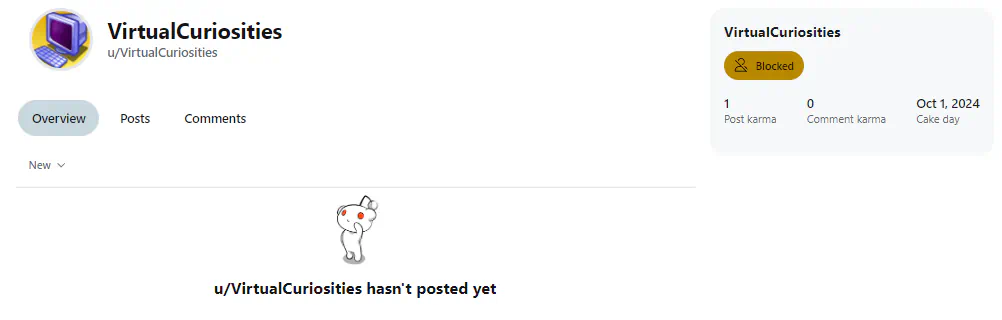 A profile page on Reddit. It has a brownish yellow rounded rectangle that says "Blocked" on a sidebar.
