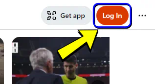 An orange "log in" button next to a "get app" button and a three dots button.