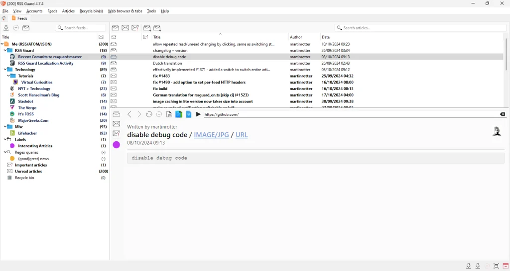 A window titled [200] RSS Guard 4.7.4. In it, a left pane with a list of feeds in nested folders. A folder called "Labels" with an item "Interesting Articles" inside. A group called "Regex queries" with "(good|great) news" inside. An item for important articles, unread articles, and a recycle bin. On the right, two horizontal panes, one on top of the other: a tabular list of articles on the top, and the contents of the selected article at the bottom.