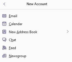 A menu that titled "New Account." Its items are: Email, Calendar, New Address Book, Chat, Feed, and Newsgroup.