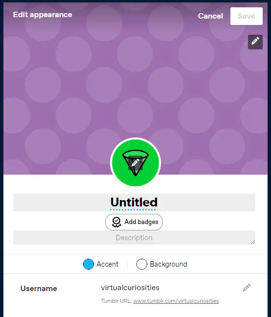 A text on the top-left corner reads "Edit Appearance." On the top-right two buttons: Cancel and Save. There's a square button with a pencil icon in front of the background image and the avatar. The display name, "Untitled," is editable. The empty description is also editable. You can pick an accent and background color.