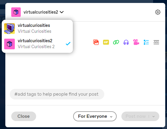 A dropdown menu showing two blogs to select from, virtualcuriosities and virtualcuriosities2, on the top-left corner of a new post dialog window on Tumblr.