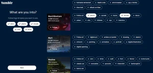 A dark blue page titled "tumblr" that asks: "What are you into? Follow tags & topics you want to see." Five topics picked: retro, plants, clouds, cats, and birds. A button that reads "next." On the right, a vast number of topics to pick separated into multiple categories.