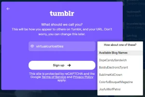 A purple dialog box titled "tumblr," that says: "What should we call you? This will be how you appear to others on Tumblr, and your URL. Don't worry, you can change this later." A textbox with an at (@) symbol, inside it the value "virtualcuriosities." At its right a menu of suggested usernames: "How about one of these? Available Blog Names: DopeCandySandwich, BoldlyElectronicTyrant, SublimeKidCrown, ColorfulBouquetMagazine, JoyfulWolfPatrol." A button to "Sign up." A text at the bottom reads: "This site is protected by reCAPTCHA and the Google Terms of Service and Privacy Policy apply." At the top-left a button to go back.