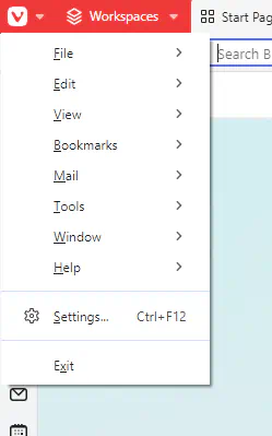 A dropdown menu with the items: File, Edit, View, Bookmarks, Mail, Tools, Window, Help, Settings, and Exit.