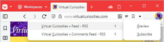 A dropdown menu listing two options: "Virtual Curiosities » Feed - RSS" and "Virtual Curiosities » Comments Feed - RSS." A submenu displays two options: "Preview" and "Subscribe."