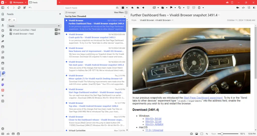 Vivaldi's window displaying a list of RSS feeds, a list of articles with one article selected, and the contents of the selected article in three vertical panes.