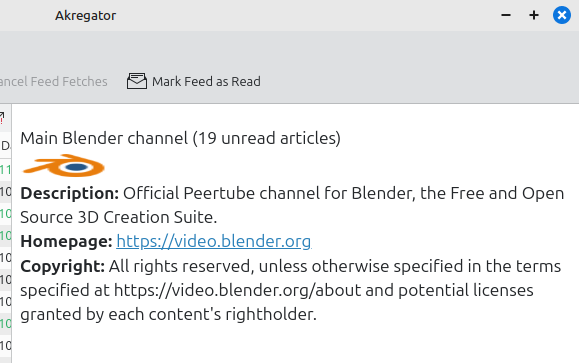 An Akregator window with information about the Blender's Peertube feed, showing Blender's square logo stretched horizontally.