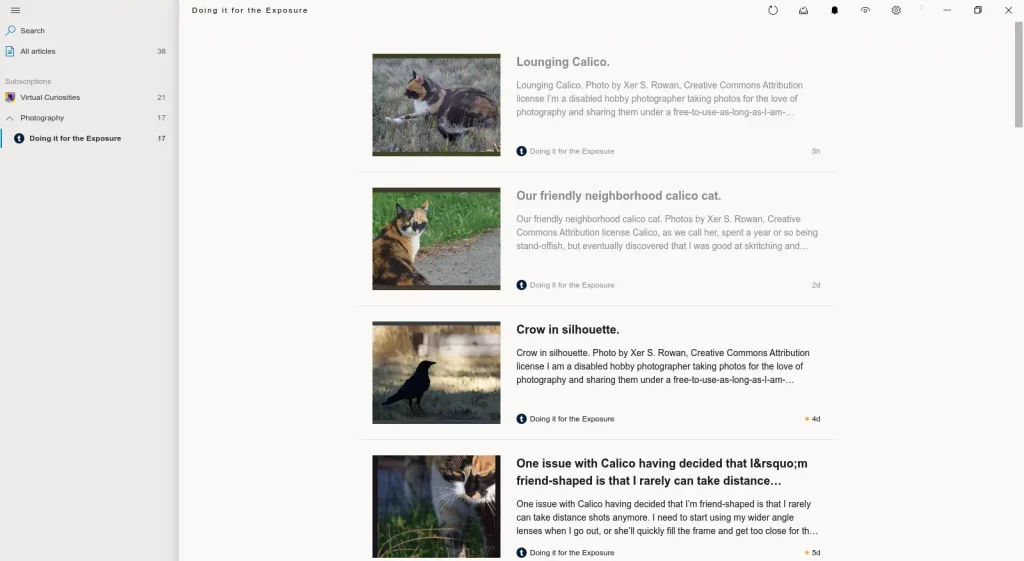 A window with two panes: the left displaying a list of feeds; the main pane a list of articles, one on top of the other. Each article has a square thumbnail at the left, and at the right, the title, description, author, icon, and date and time published.