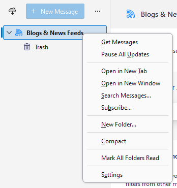 A context menu with the items: Get Messages, Pause All Updates, Open in New Tab, Open in New Window, Search Messages..., Subscribe..., New Folder..., Compact, Mark All Folders Read, and Settings.