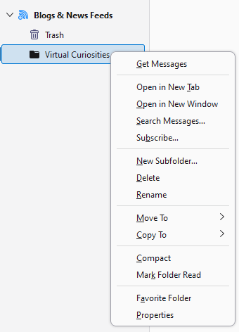 A context menu with the items: Get Messages, Open in New Tab, Open in new Window, Search Messages..., Subscribe.., New Subfolder.., Delete, Rename, Move To, Copy To, Compact, Mark Folder Reader, Favorite Folder, and Properties.